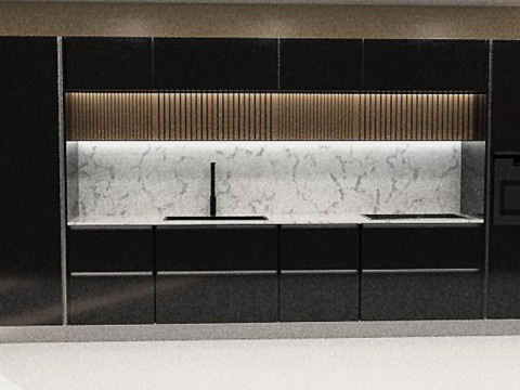 Modern Kitchen with Groove Detailing and Wall Cabinets 3D Модель