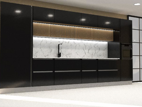 Modern Kitchen with Groove Detailing and Wall Cabinets Modello 3D
