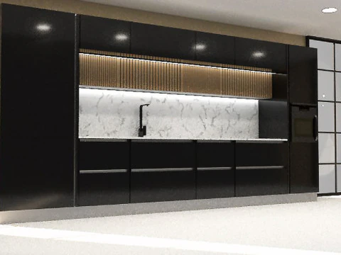 Modern Kitchen with Groove Detailing and Wall Cabinets 3D Model