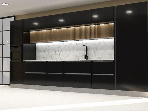Modern Kitchen with Groove Detailing and Wall Cabinets 3D Model