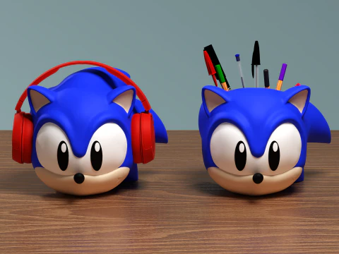 फैन आर्ट क्लासिक सोनिक द हेजहोग हेडफोन स्टैंड और पेन होल्डर 3D प्रिंट मॉडल