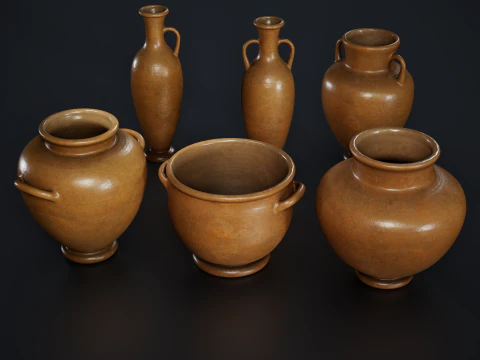 Set of 6 Clay Pots 3D Model