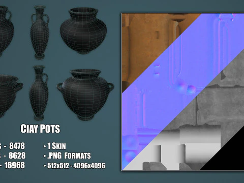 Set of 6 Clay Pots 3D Model
