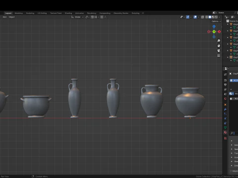 Set of 6 Clay Pots 3D Model