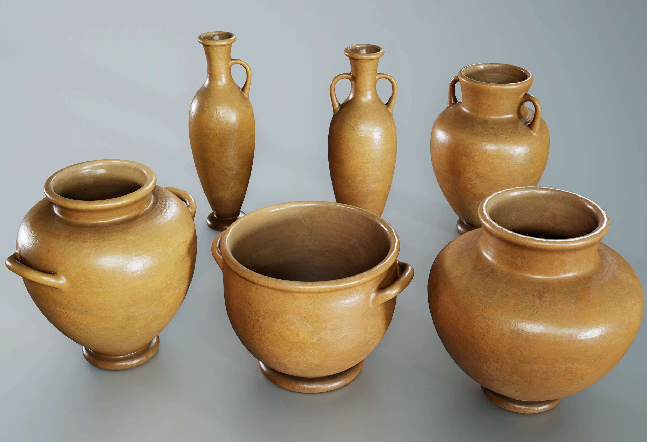 Set of 6 Clay Pots 3D Model .c4d .max .obj .3ds .fbx .stl .blend