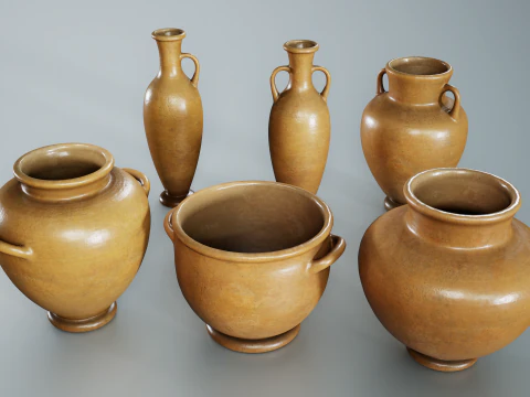 Conjunto de 6 potes de barro Modelo 3D