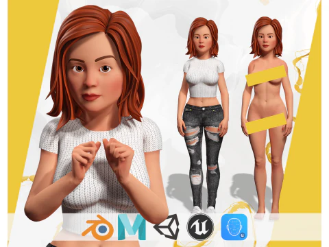 Desenho animado Rigged linda garota semi-realismo 3D Low-poly Modelo 3D