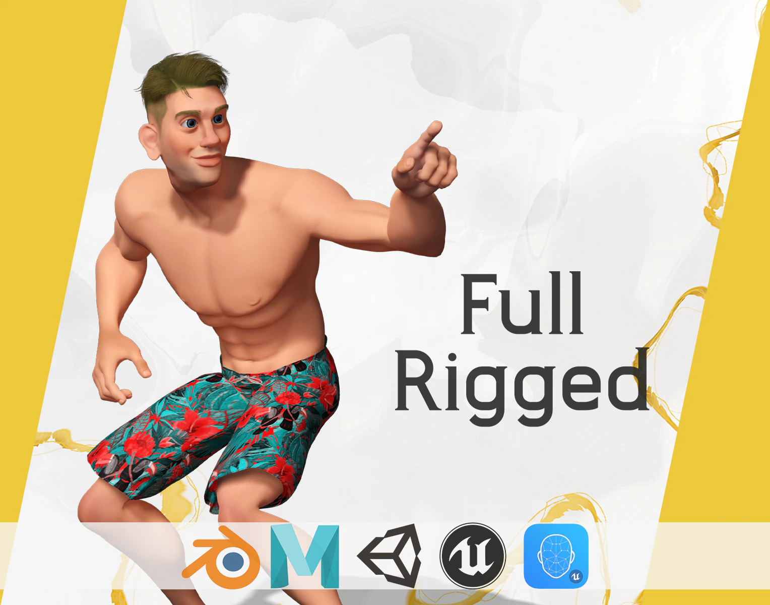 Cartoon young man in Swimming Trunks semi-realistic rendering 3D Model .c4d .max .obj .3ds .fbx .stl .blend 