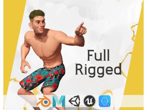 Cartoon young man in Swimming Trunks semi-realistic rendering 3D Model
