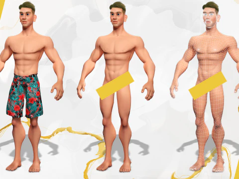Cartoon young man in Swimming Trunks semi-realistic rendering 3D Model