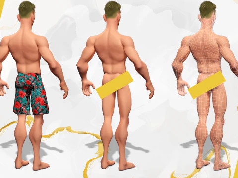 Cartoon young man in Swimming Trunks semi-realistic rendering 3D Model