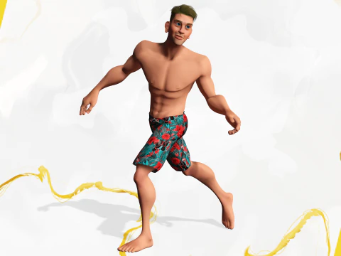 Cartoon young man in Swimming Trunks semi-realistic rendering 3D Model