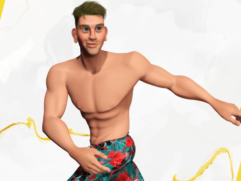 Cartoon young man in Swimming Trunks semi-realistic rendering 3D Model