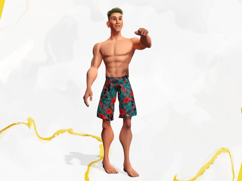 Cartoon young man in Swimming Trunks semi-realistic rendering 3D Model