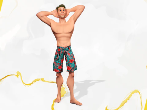 Cartoon young man in Swimming Trunks semi-realistic rendering 3D Model