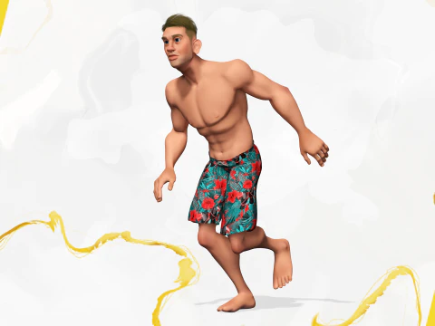 Cartoon young man in Swimming Trunks semi-realistic rendering 3D Model
