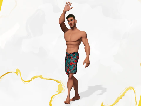 Cartoon young man in Swimming Trunks semi-realistic rendering 3D Model