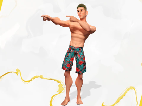 Cartoon young man in Swimming Trunks semi-realistic rendering 3D Model