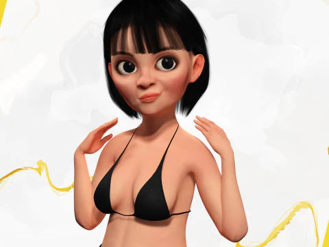 黑色比基尼的卡通女孩 艺术 现实主义 3D 模型