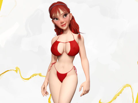 Cartoon girl with stylized red Stylized Semi-Realistic hair 3D Model