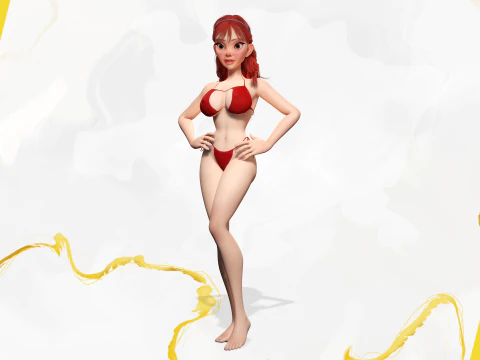 Cartoon girl with stylized red Stylized Semi-Realistic hair 3D Model