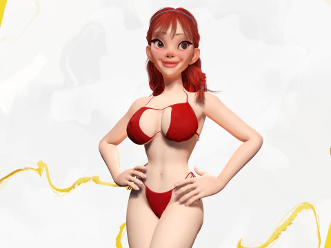 Cartoon girl with stylized red Stylized Semi-Realistic hair 3D Model
