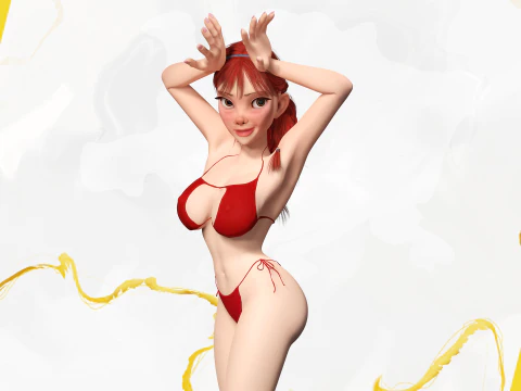 Cartoon girl with stylized red Stylized Semi-Realistic hair 3D Model