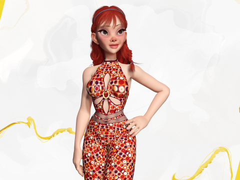 Redhead Character with Colorful Patterned Outfit Toon 3D Модель