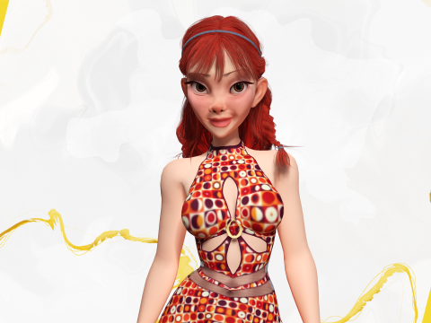 Redhead Character with Colorful Patterned Outfit Toon 3D Модель