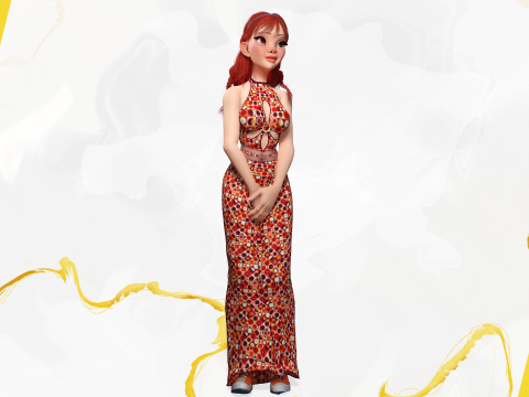 Redhead Character with Colorful Patterned Outfit Toon 3D Модель