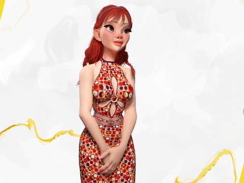 Redhead Character with Colorful Patterned Outfit Toon 3D Модель