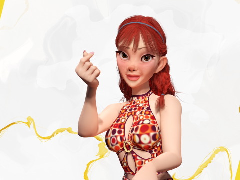 Redhead Character with Colorful Patterned Outfit Toon 3D Модель