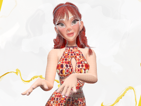 Redhead Character with Colorful Patterned Outfit Toon 3D Модель
