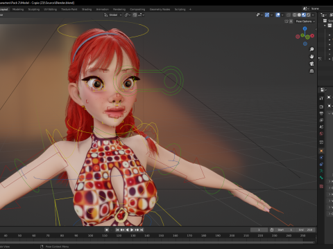 Redhead Character with Colorful Patterned Outfit Toon 3D Модель