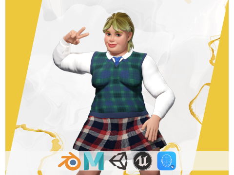 Plus-Size cartoon Student Girl with Uniform 3Dモデル