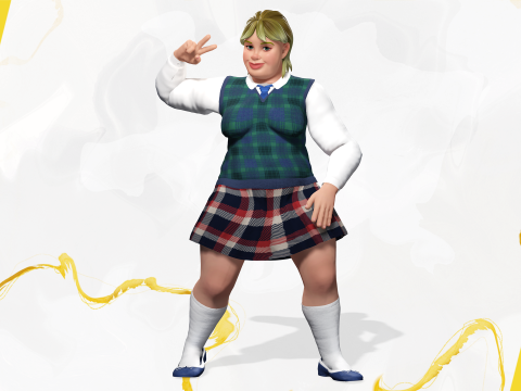 Plus-Size cartoon Student Girl with Uniform 3D Модель