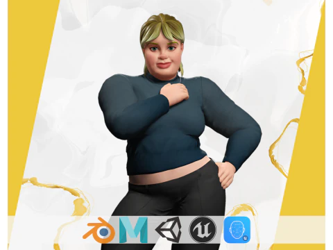 日常服プラスサイズのジーンズの女性モデルの様式化されたキャラクター 3Dモデル