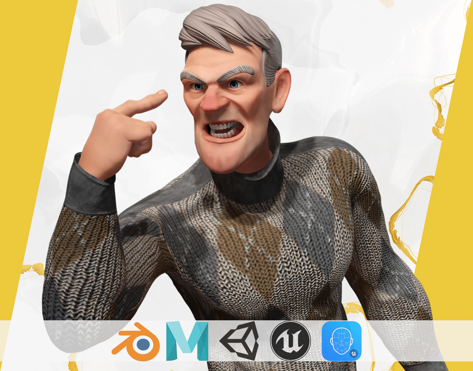 Grumpy elderly man character in winter sweater Artistic Realism 3D Model .c4d .max .obj .3ds .fbx .stl .blend 