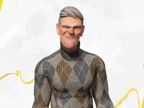 Grumpy elderly man character in winter sweater Artistic Realism 3D Model
