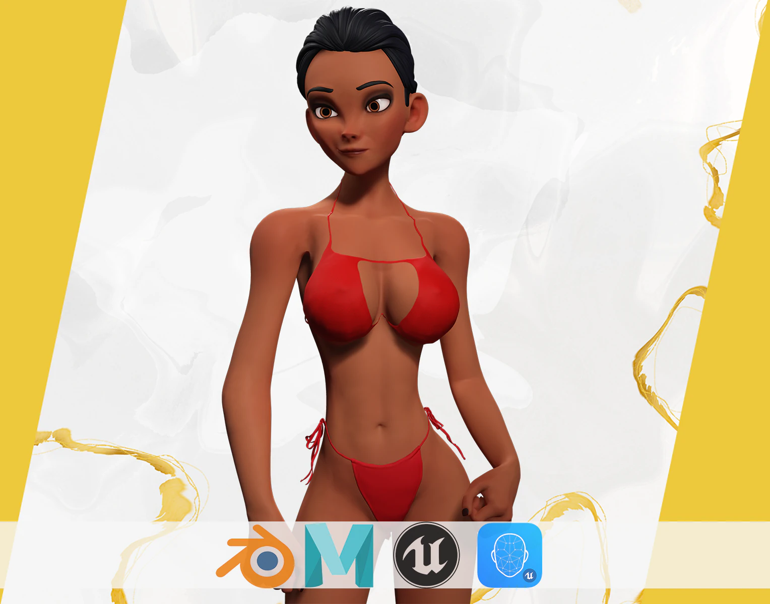 Stylized Cartoon Black Woman in Swimsuit 3D Model .c4d .max .obj .3ds .fbx .stl .blend 