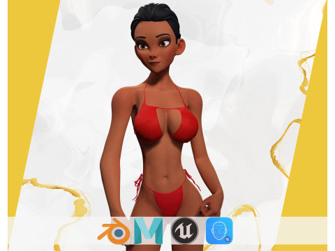 Stylized Cartoon Black Woman in Swimsuit 3D Model