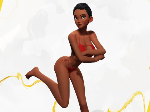 Stylized Cartoon Black Woman in Swimsuit 3D Model