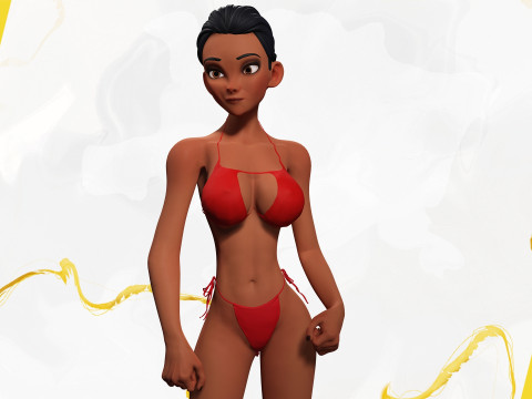 Stylized Cartoon Black Woman in Swimsuit Model 3D