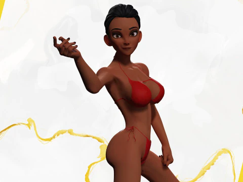 Stylized Cartoon Black Woman in Swimsuit 3D Model