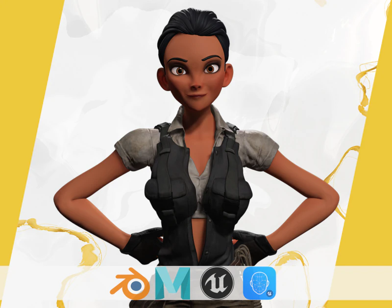 Mulher negra aventureira exploradora com figura estilizada de engrenagem Modelo 3D .c4d .max .obj .3ds .fbx .stl .blend 