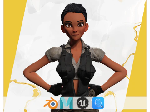 エクスプローラー ギアを持つ冒険的な黒人女性の様式化されたフィギュア 3Dモデル