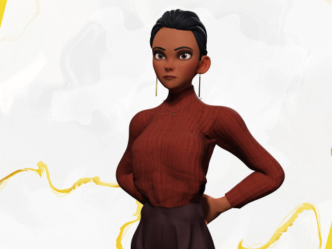 सर्दियों के कपड़ों के साथ कार्टून शैली वाली महिला, आरामदायक पोशाक 3D मॉडल