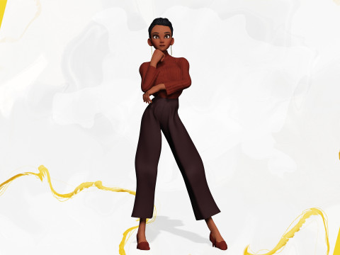 सर्दियों के कपड़ों के साथ कार्टून शैली वाली महिला, आरामदायक पोशाक 3D मॉडल