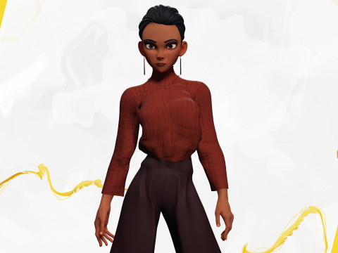 सर्दियों के कपड़ों के साथ कार्टून शैली वाली महिला, आरामदायक पोशाक 3D मॉडल