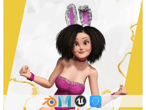Stylized Curly-Haired in Bunny Outfit Girl stylized figure 3D Model